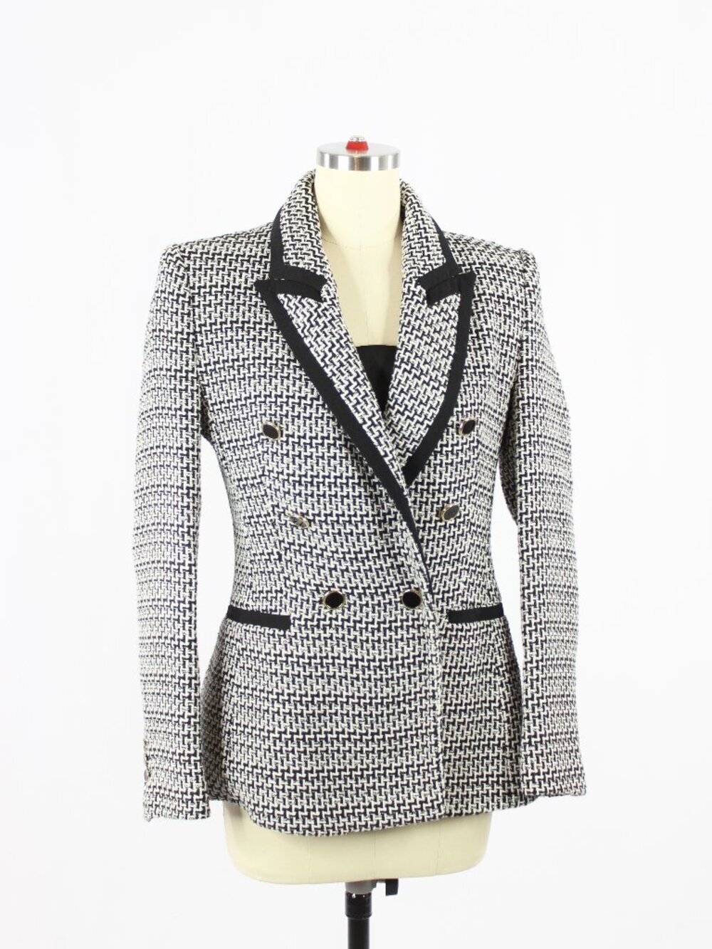ZARA Black White Tweed Structured Double Breasted Blazer Suit Jacket, Size S